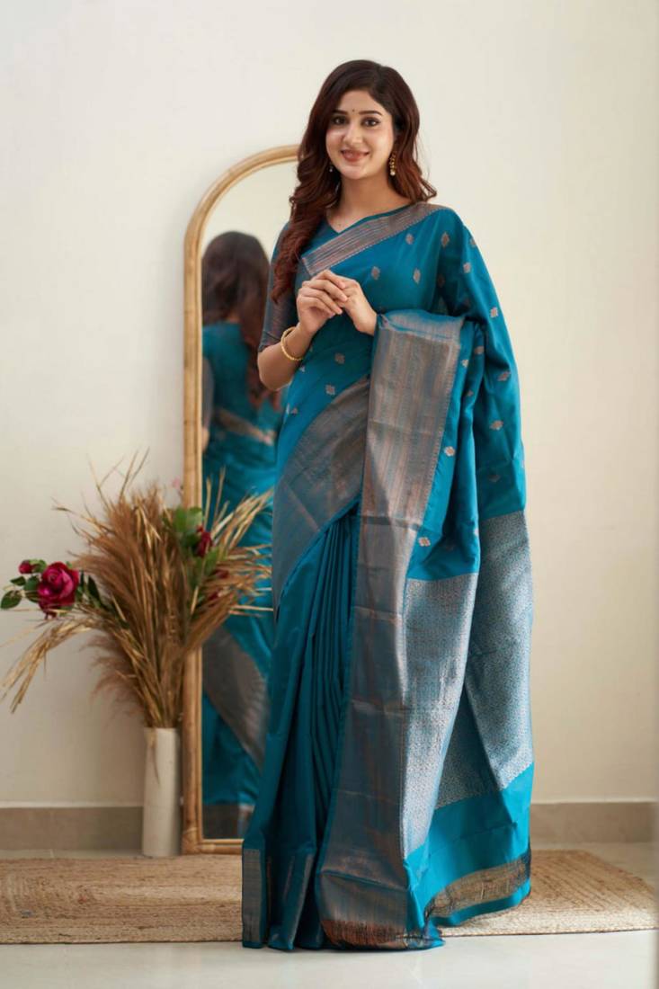 new collection rama green jacquard south silk fancy saree with unstitched blouse