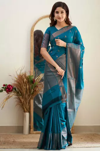  rama green jacquard south silk fancy saree with unstitched blouse