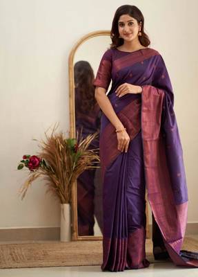  purple self design cotton silk kerala saree with unstitched blouse 1