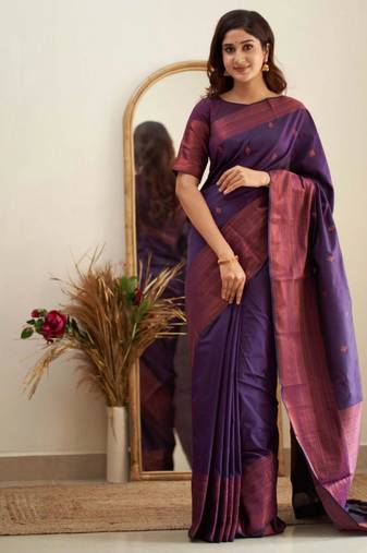 bollywood purple  self design cotton silk kerala saree with unstitched blouse