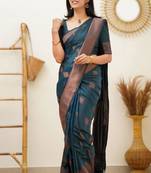 traditional rama green  self design silk cotton bollywood saree with unstitched blouse