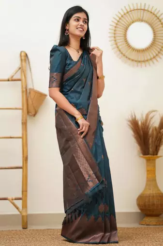  rama green self design silk cotton saree with unstitched blouse