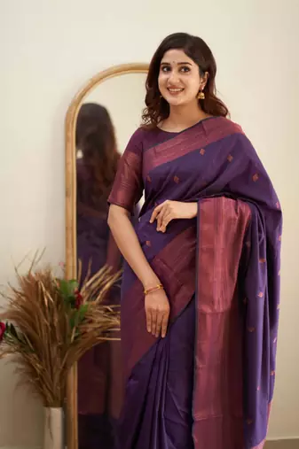  purple self design cotton silk kerala saree with unstitched blouse