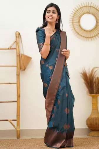  rama green self design silk cotton saree with unstitched blouse