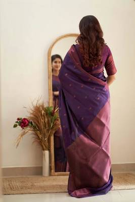  purple self design cotton silk kerala saree with unstitched blouse 3