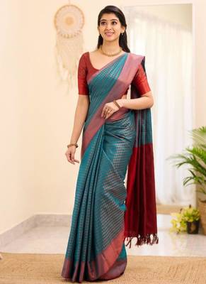 kanjivaram rama green self design art silk all seasons saree with unstitched blouse 1
