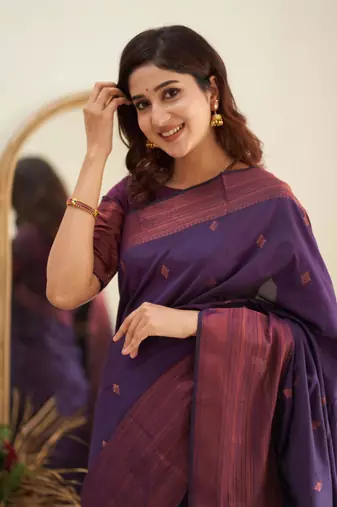  purple self design cotton silk kerala saree with unstitched blouse
