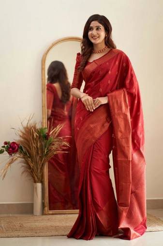 kanjivaram red self design art silk blend light weight saree with unstitched blouse