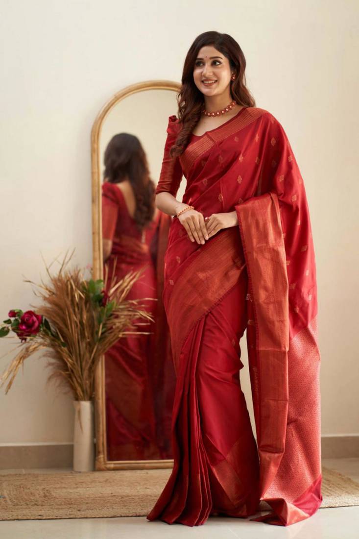 kanjivaram red self design art silk blend light weight saree with unstitched blouse