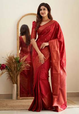 kanjivaram red self design art silk blend light weight saree with unstitched blouse 2