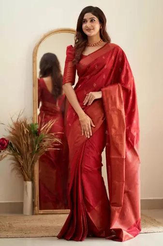 kanjivaram red self design art silk blend light weight saree with unstitched blouse