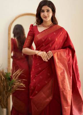kanjivaram red self design art silk blend light weight saree with unstitched blouse 3