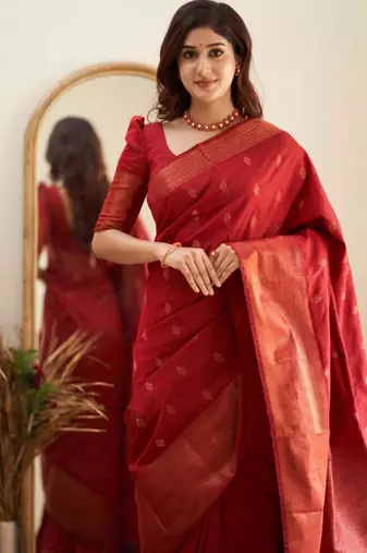 kanjivaram red self design art silk blend light weight saree with unstitched blouse