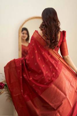 kanjivaram red self design art silk blend light weight saree with unstitched blouse 4
