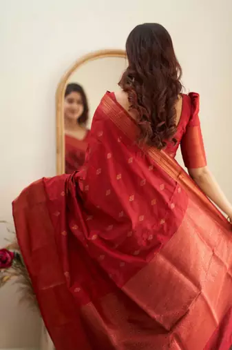 kanjivaram red self design art silk blend light weight saree with unstitched blouse