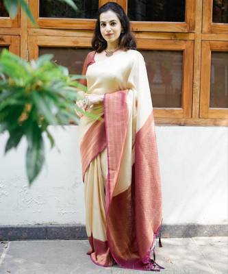  cream woven pure art silk blend multicolor saree with unstitched blouse 1