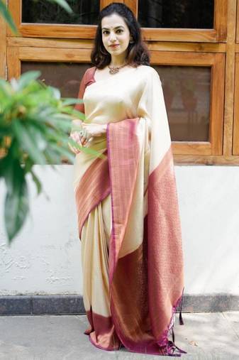 designer cream woven pure art silk blend multicolor saree with unstitched blouse