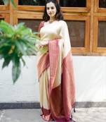 designer cream woven pure art silk blend multicolor saree with unstitched blouse