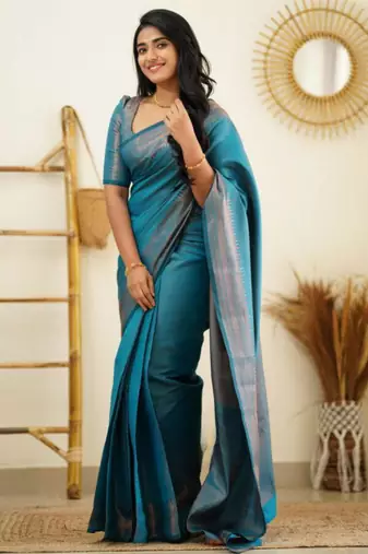 light weight rama green self design art silk blend light weight saree with unstitched blouse
