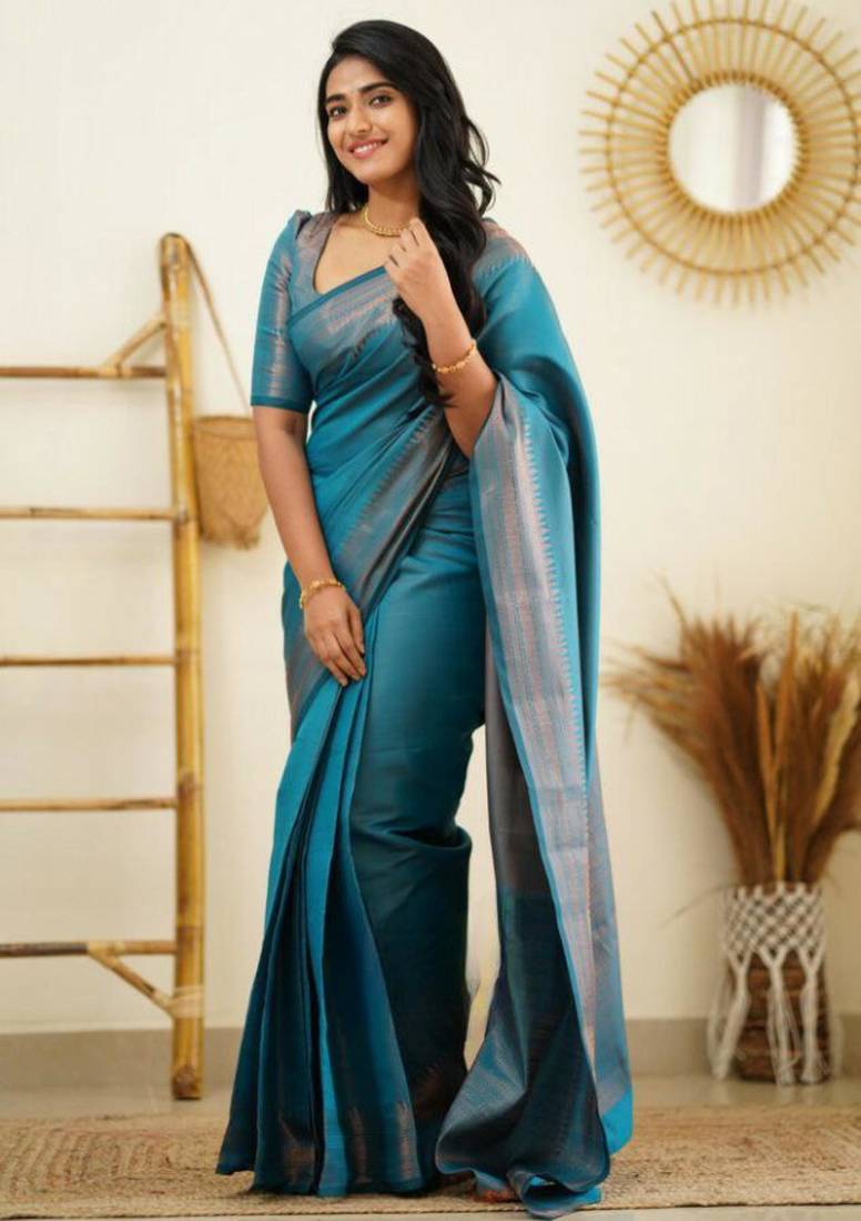 light weight rama green self design art silk blend light weight saree with unstitched blouse
