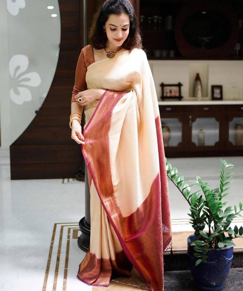 designer cream woven pure art silk blend multicolor saree with unstitched blouse