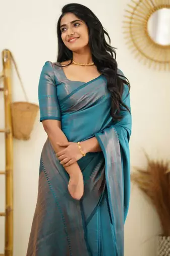 light weight rama green self design art silk blend light weight saree with unstitched blouse