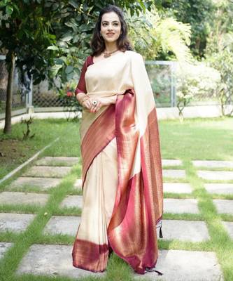 cream woven pure art silk blend multicolor saree with unstitched blouse 3