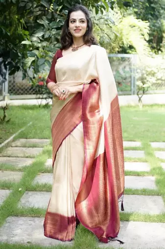  cream woven pure art silk blend multicolor saree with unstitched blouse