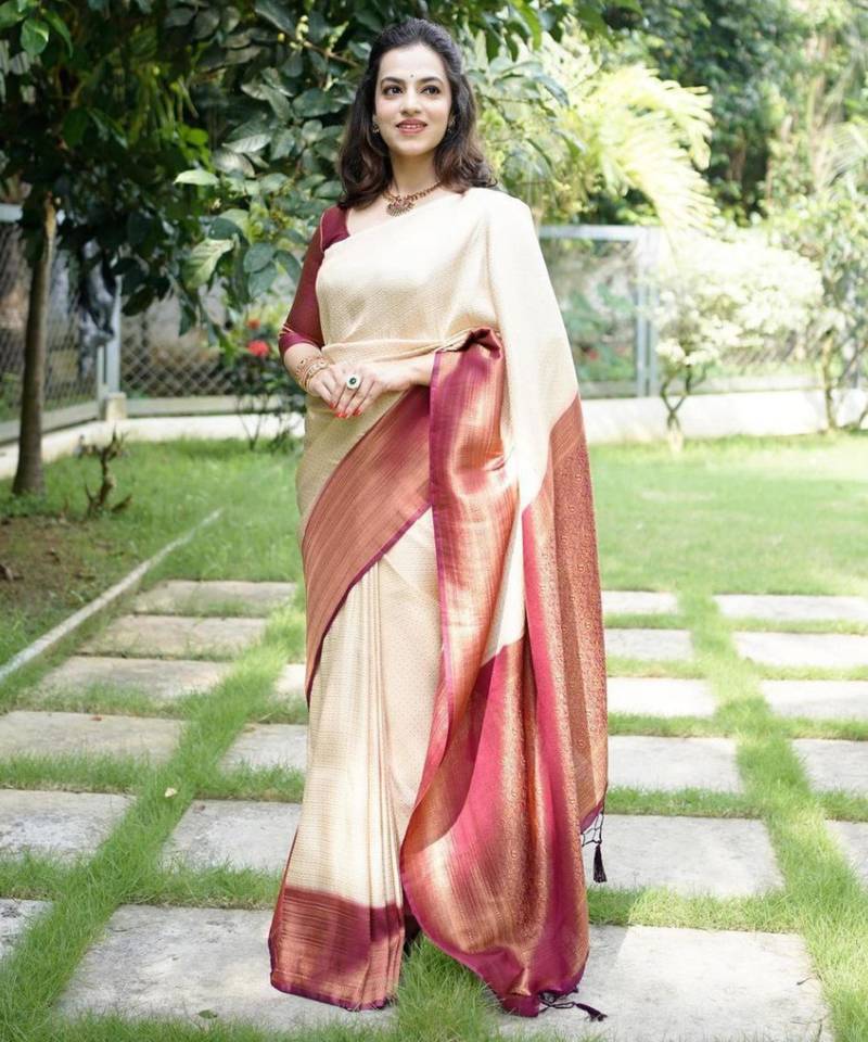 designer cream woven pure art silk blend multicolor saree with unstitched blouse