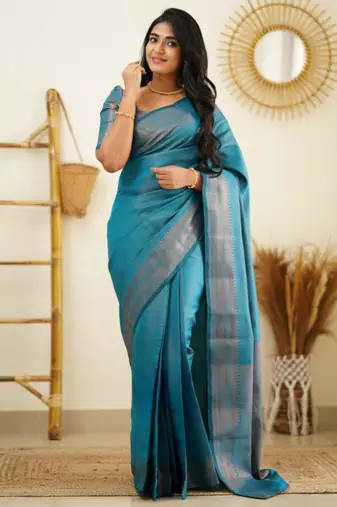 light weight rama green self design art silk blend light weight saree with unstitched blouse