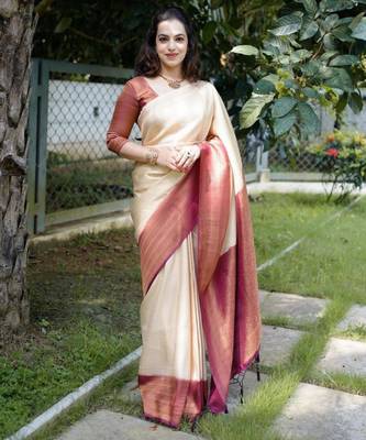  cream woven pure art silk blend multicolor saree with unstitched blouse 4