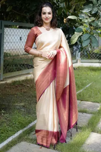  cream woven pure art silk blend multicolor saree with unstitched blouse