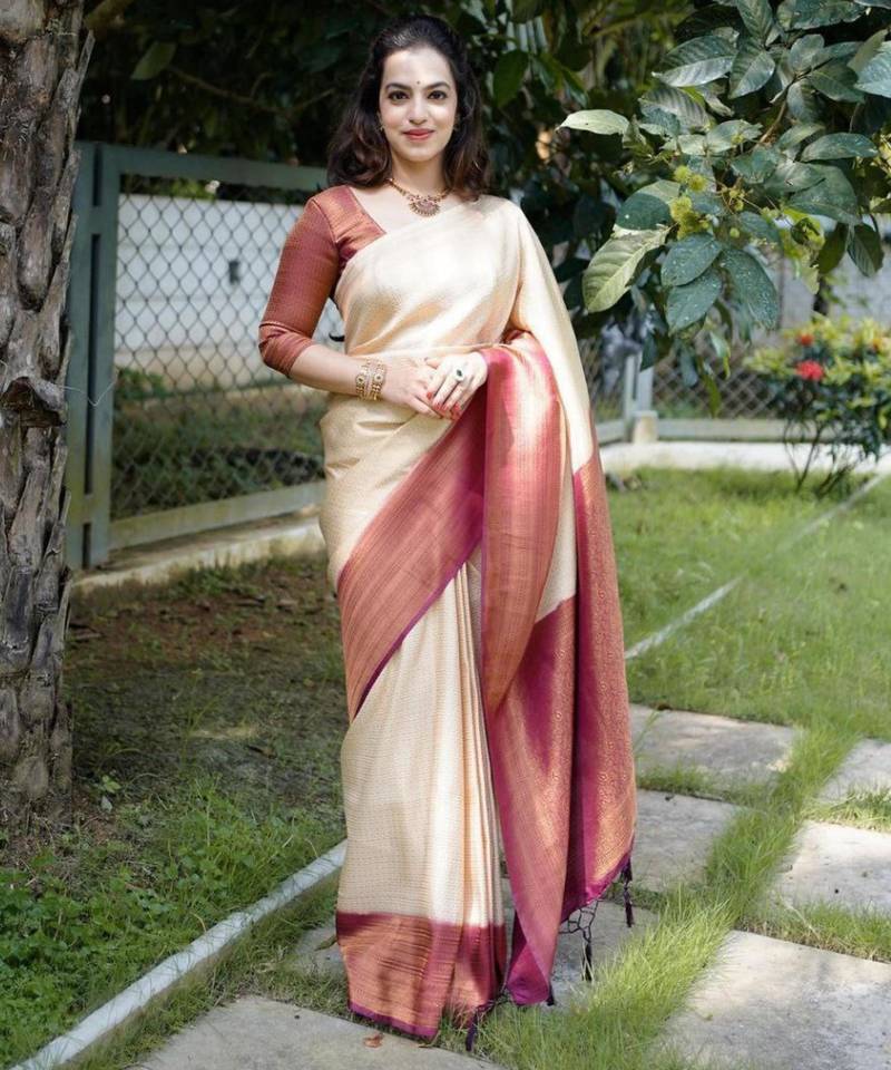 designer cream woven pure art silk blend multicolor saree with unstitched blouse