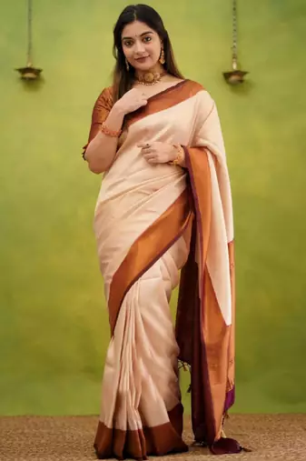 light weight cream resham thread silk cotton bollywood saree with unstitched blouse