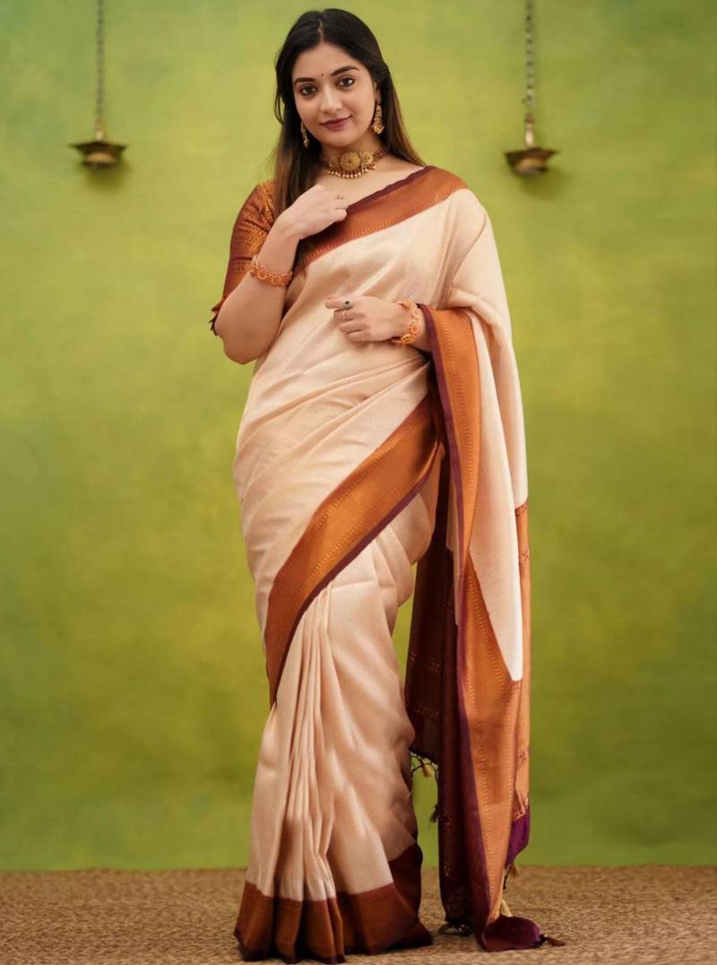 light weight cream resham thread silk cotton bollywood saree with unstitched blouse