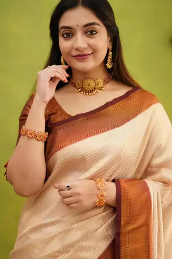 light weight cream resham thread silk cotton saree with unstitched blouse