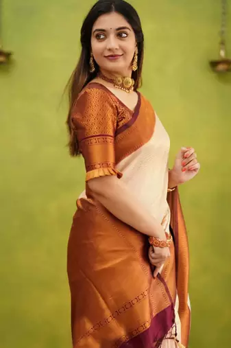 light weight cream resham thread silk cotton saree with unstitched blouse
