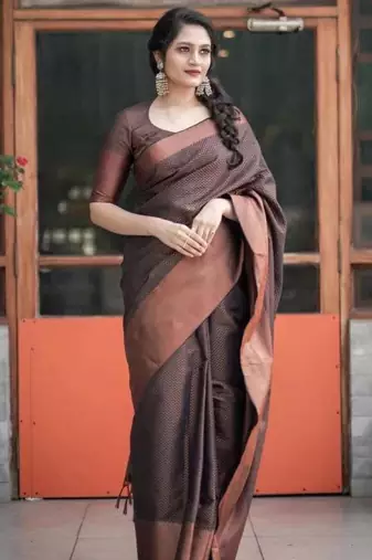 indian copper self design south silk fancy saree with unstitched blouse