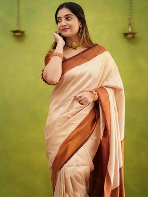 light weight cream resham thread silk cotton saree with unstitched blouse 4
