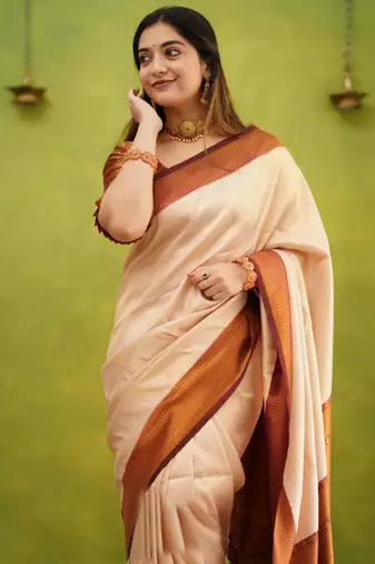 light weight cream resham thread silk cotton saree with unstitched blouse