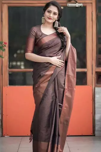 indian copper self design south silk fancy saree with unstitched blouse