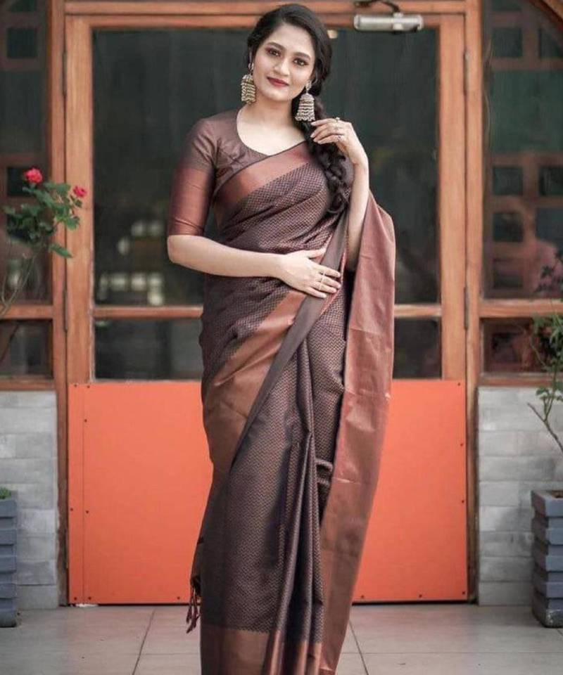 indian copper self design south silk fancy saree with unstitched blouse
