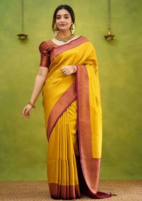 fashionable gold banarasi south silk fancy saree with unstitched blouse 1