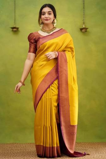 fashionable gold banarasi south silk fancy saree with unstitched blouse