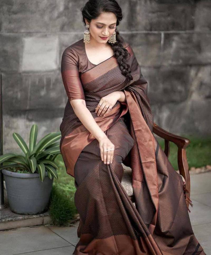 indian copper self design south silk fancy saree with unstitched blouse
