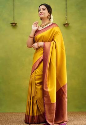 fashionable gold banarasi south silk fancy saree with unstitched blouse 2