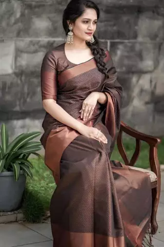 indian copper self design south silk fancy saree with unstitched blouse