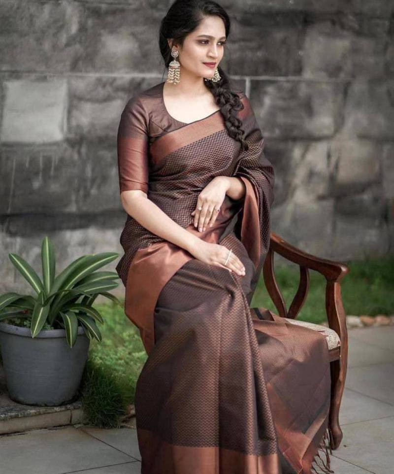 indian copper self design south silk fancy saree with unstitched blouse