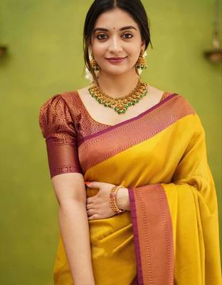 fashionable gold banarasi south silk fancy saree with unstitched blouse 3