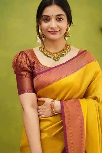 fashionable gold banarasi south silk fancy saree with unstitched blouse